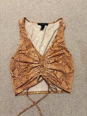Forever 21 Brown Snake-Print Drawstring V-Neck Crop Top